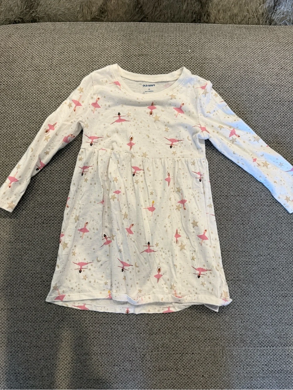 Old Navy Girls Ballerina Print Fit & Flare Long Sleeve Dress White Pink Knee 3T